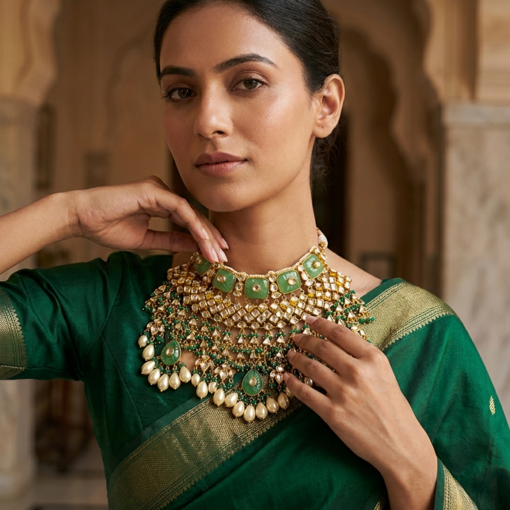 Royal Green Kundan Statement Necklace