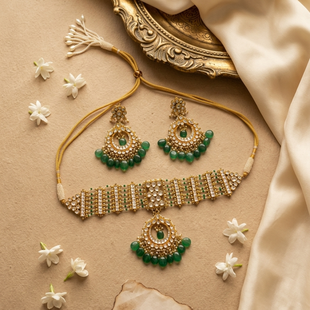 Emerald & Stone-Studded Necklace Set