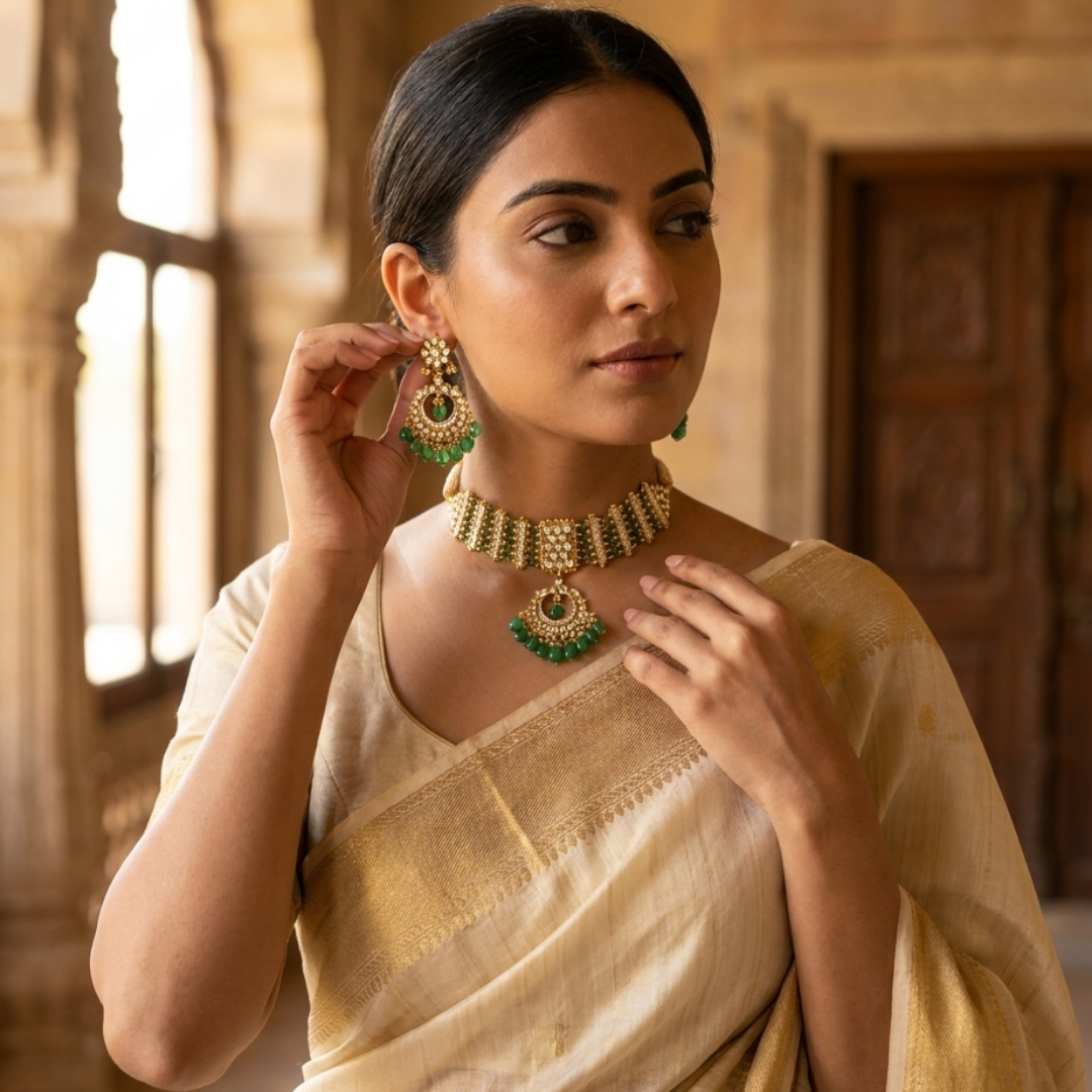 Emerald & Stone-Studded Necklace Set
