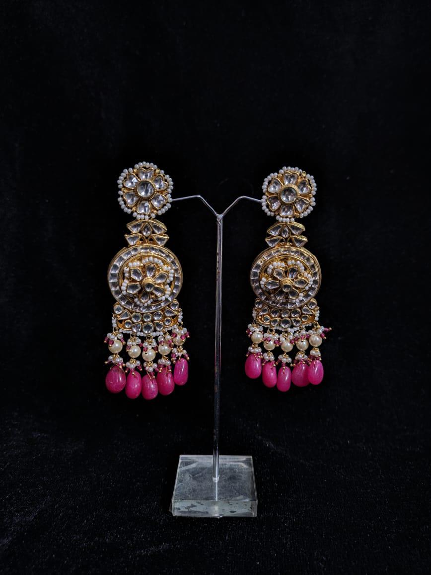 "Pink Coral Kundan Drop Earrings"