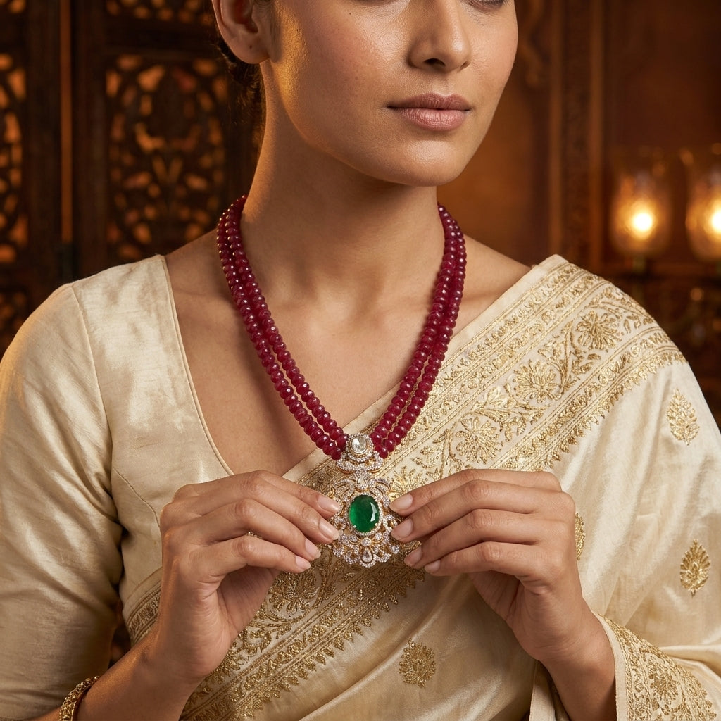 Dual-Strand Ruby Bead Necklace with Emerald Pendant