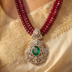 Dual-Strand Ruby Bead Necklace with Emerald Pendant
