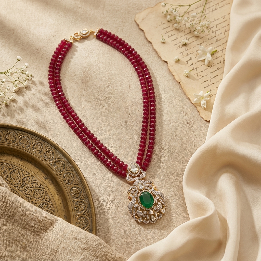 Dual-Strand Ruby Bead Necklace with Emerald Pendant
