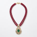 Dual-Strand Ruby Bead Necklace with Emerald Pendant