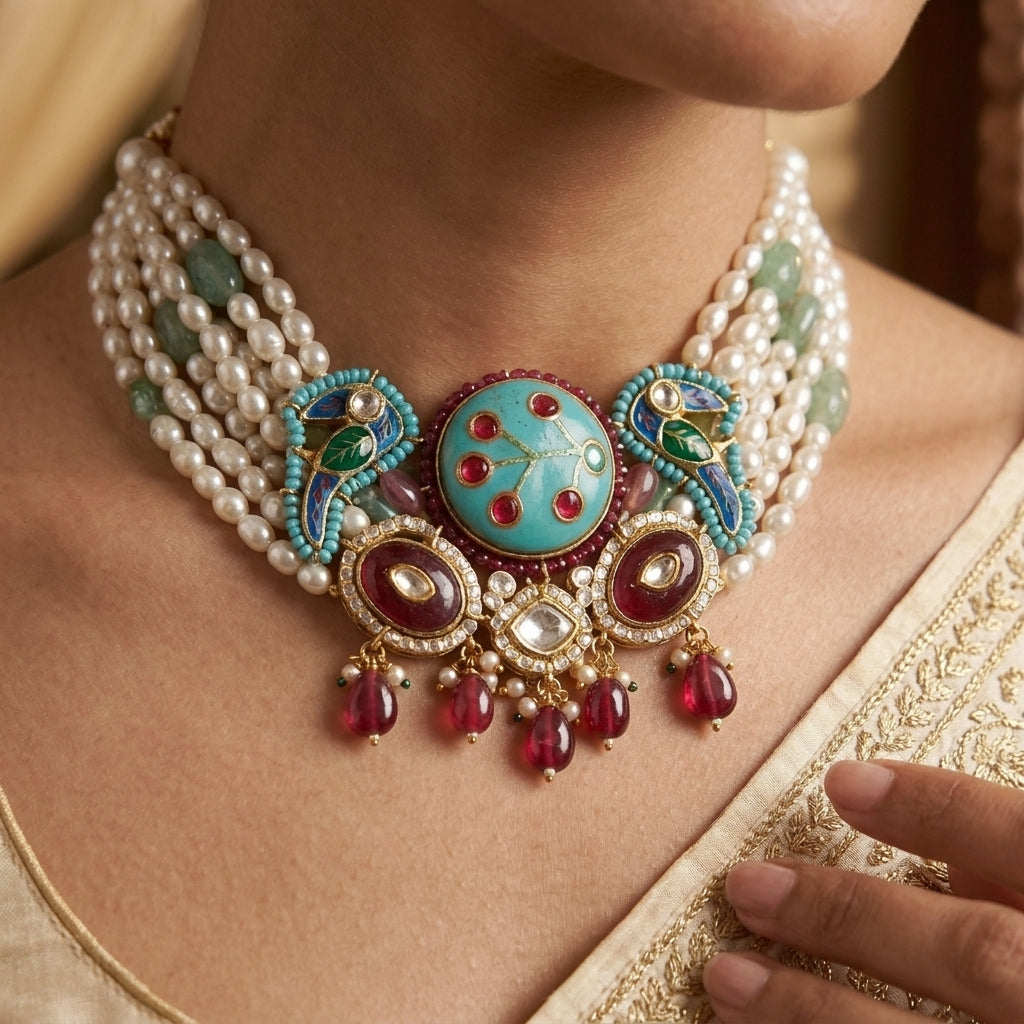 Peacock Accent Meenakari Choker Necklace