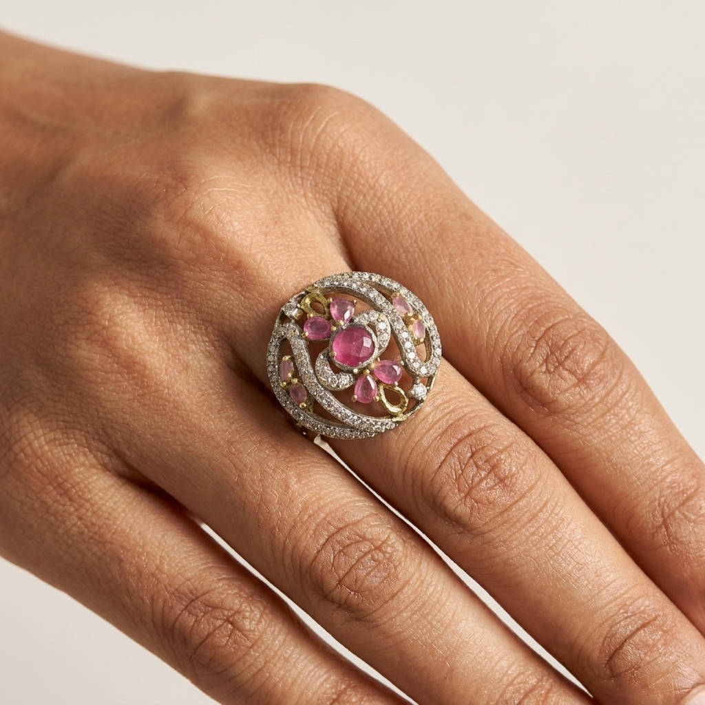 Pink Gemstone Swirl Statement Ring