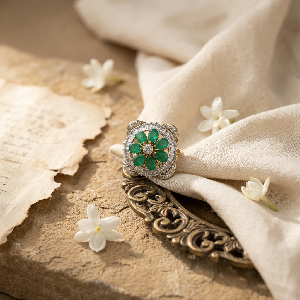 Emerald Bloom Baguette Crystal Statement Ring