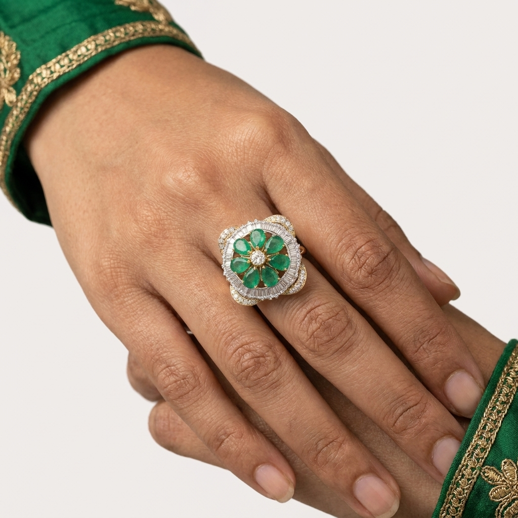 Emerald Bloom Baguette Crystal Statement Ring