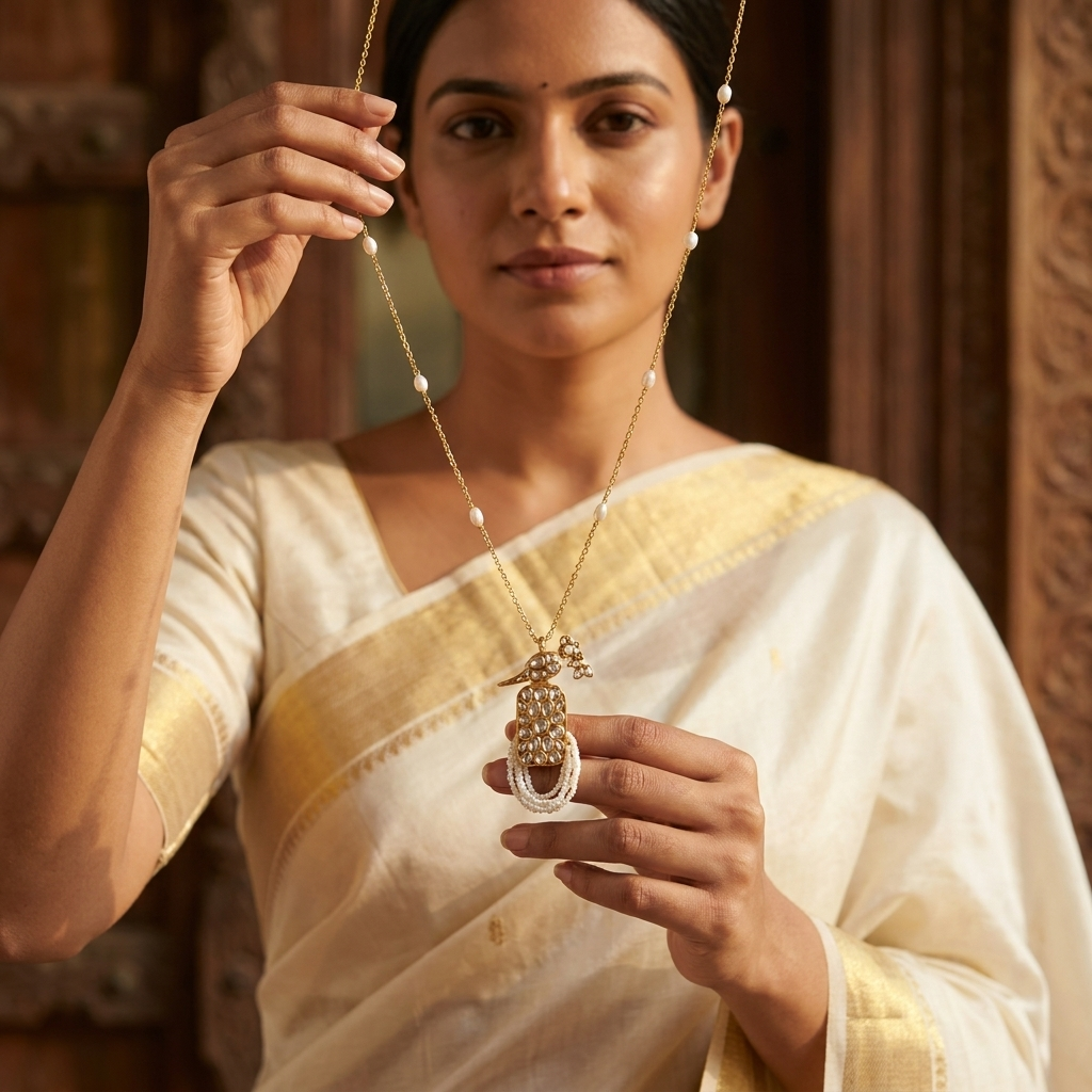 Ivory Peacock Polki Pendant Necklace