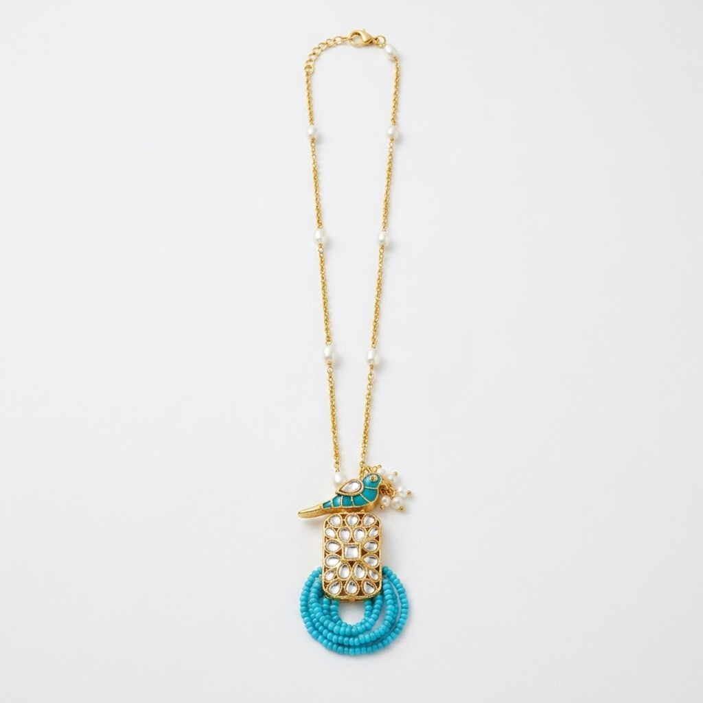 Turquoise Peacock Polki Pendant Necklace
